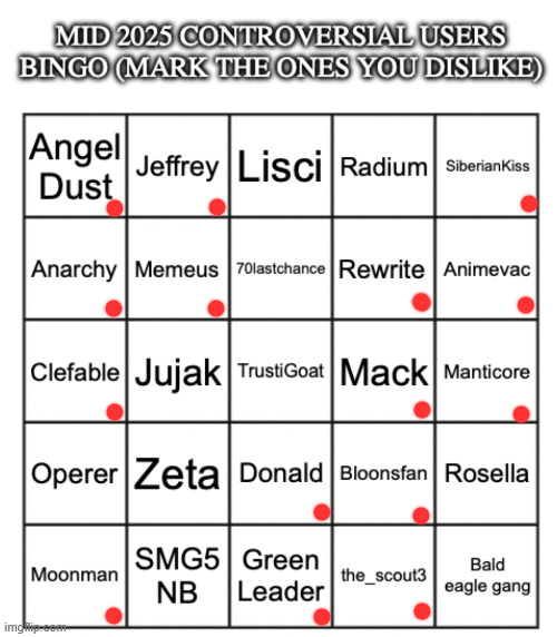 Mid 2025 controversial users bingo | image tagged in mid 2025 controversial users bingo | made w/ Imgflip meme maker