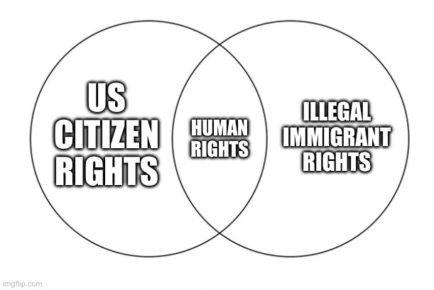 There’s a difference | ILLEGAL IMMIGRANT RIGHTS; US CITIZEN RIGHTS; HUMAN RIGHTS | image tagged in venn diagram | made w/ Imgflip meme maker