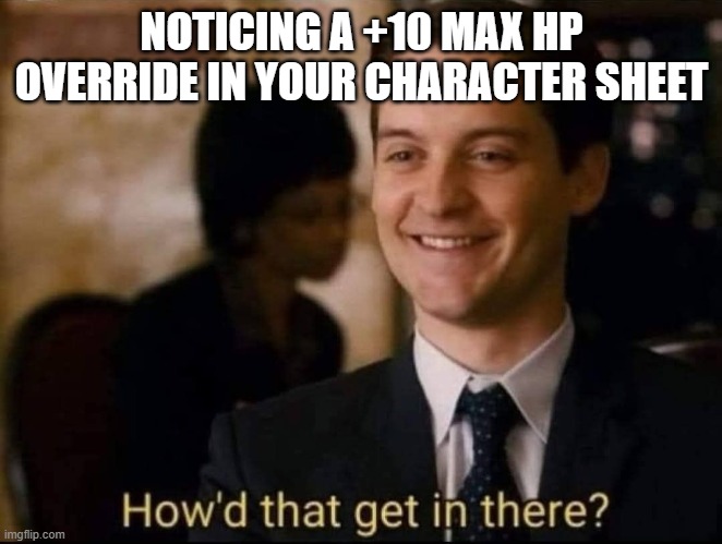 Extra HP??? | NOTICING A +10 MAX HP OVERRIDE IN YOUR CHARACTER SHEET | image tagged in how did that get in there | made w/ Imgflip meme maker