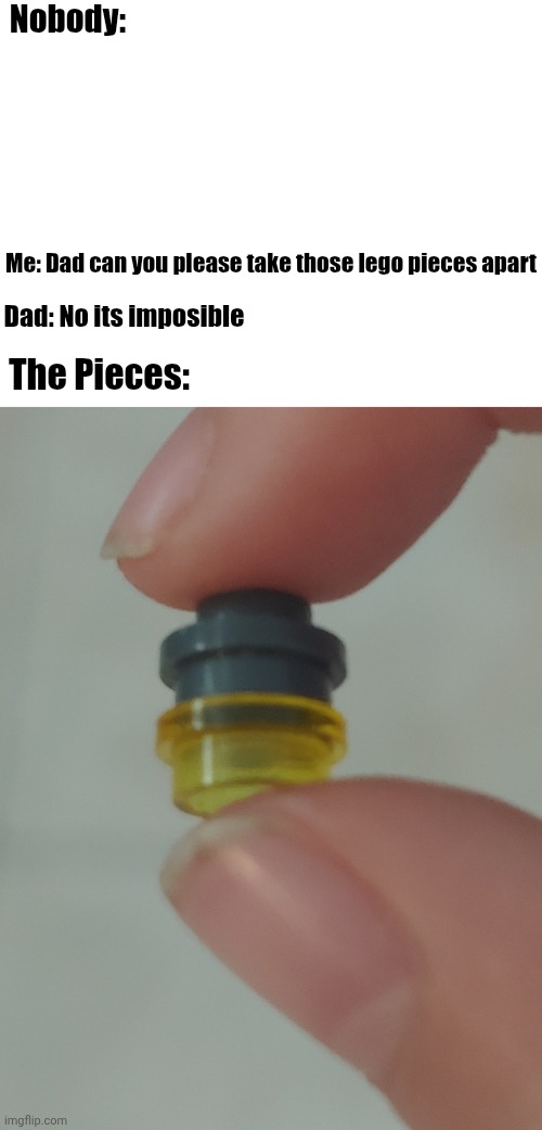 Help | Nobody:; Me: Dad can you please take those lego pieces apart; Dad: No its imposible; The Pieces: | image tagged in lego,legos,small,help me,help | made w/ Imgflip meme maker