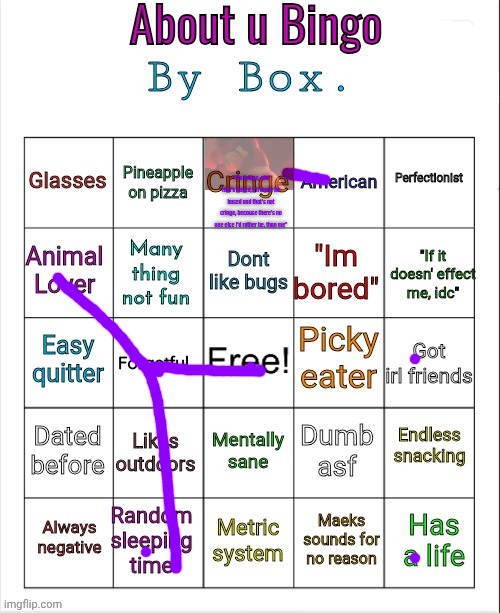 About u bingo by Box. | "I'm cringe, and that's based, I'll never be based and that's not cringe, because there's no one else I'd rather be, than me" | image tagged in about u bingo by box | made w/ Imgflip meme maker