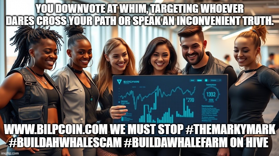 YOU DOWNVOTE AT WHIM, TARGETING WHOEVER DARES CROSS YOUR PATH OR SPEAK AN INCONVENIENT TRUTH. WWW.BILPCOIN.COM WE MUST STOP #THEMARKYMARK #BUILDAHWHALESCAM #BUILDAWHALEFARM ON HIVE | made w/ Imgflip meme maker