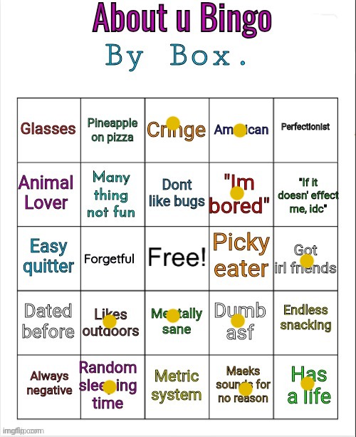 My bingo card | image tagged in about u bingo by box | made w/ Imgflip meme maker