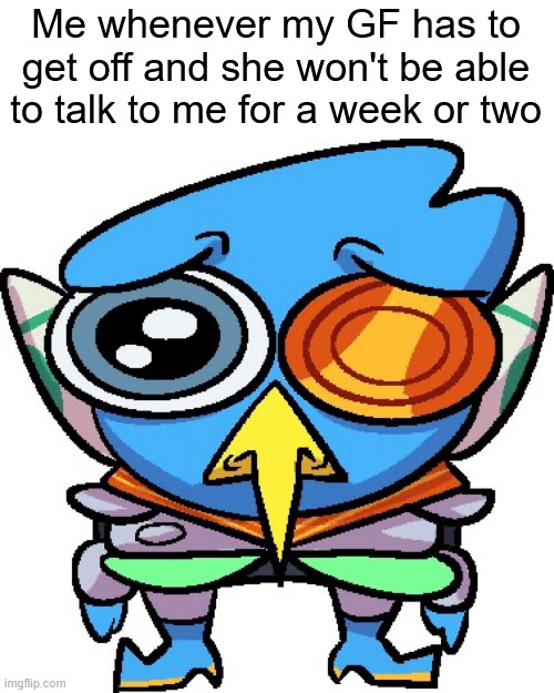 Me who is single -FTM | Me whenever my GF has to get off and she won't be able to talk to me for a week or two | image tagged in sad berdly | made w/ Imgflip meme maker