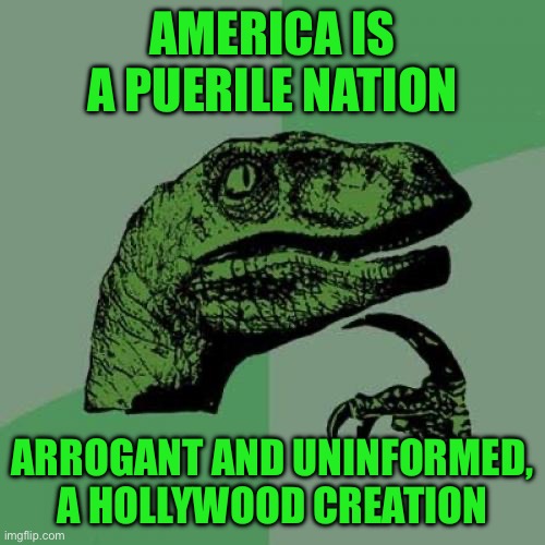 Philosoraptor | AMERICA IS A PUERILE NATION; ARROGANT AND UNINFORMED, A HOLLYWOOD CREATION | image tagged in memes,philosoraptor | made w/ Imgflip meme maker