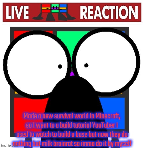 Live Ruubixe reaction | Made a new survival world in Minecraft, so I went to a build tutorial YouTuber I used to watch to build a base but now they do nothing but milk brainrot so imma do it by myself | image tagged in live ruubixe reaction | made w/ Imgflip meme maker