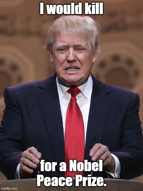 Donald Trump | I would kill; for a Nobel Peace Prize. | image tagged in donald trump | made w/ Imgflip meme maker