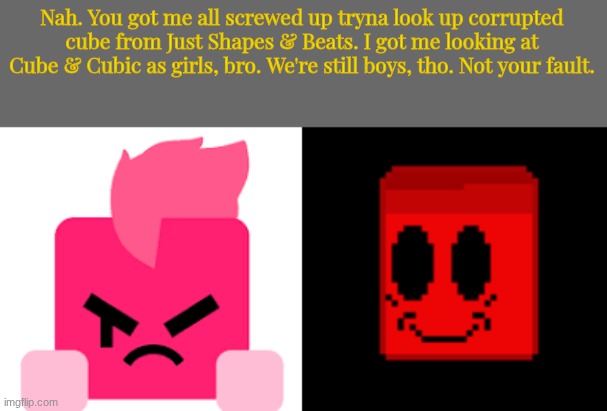 Nah. You got me all screwed up tryna look up corrupted cube from Just Shapes & Beats. I got me looking at Cube & Cubic as girls, bro. We're  | made w/ Imgflip meme maker