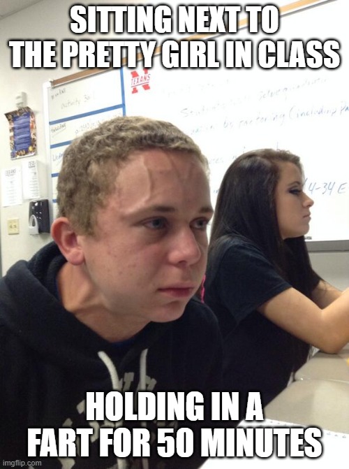 Hold fart | SITTING NEXT TO THE PRETTY GIRL IN CLASS; HOLDING IN A FART FOR 50 MINUTES | image tagged in hold fart | made w/ Imgflip meme maker