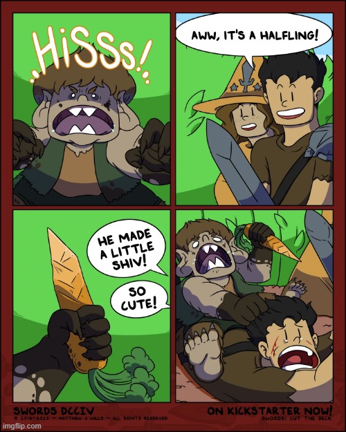 image tagged in swords,halfling,carrot,shiv,attack,ouch | made w/ Imgflip meme maker