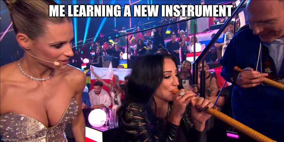 Eurovision song contest Justyna | ME LEARNING A NEW INSTRUMENT | image tagged in eurovision song contest justyna | made w/ Imgflip meme maker