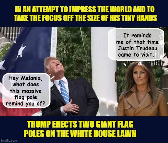 When the "KING OF WINNING" just can't win... | IN AN ATTEMPT TO IMPRESS THE WORLD AND TO  TAKE THE FOCUS OFF THE SIZE OF HIS TINY HANDS; It reminds me of that time Justin Trudeau came to visit. Hey Melania, what does this massive flag pole remind you of? TRUMP ERECTS TWO GIANT FLAG POLES ON THE WHITE HOUSE LAWN | image tagged in impeach trump,donald trump memes,government corruption,trump is a moron,melania trump meme | made w/ Imgflip meme maker