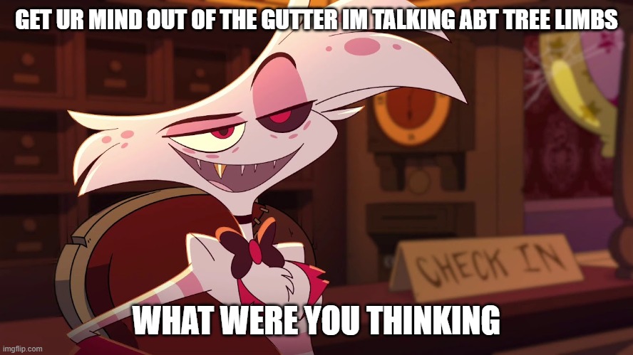 Hazbin Hotel - Angel Dust | GET UR MIND OUT OF THE GUTTER IM TALKING ABT TREE LIMBS WHAT WERE YOU THINKING | image tagged in hazbin hotel - angel dust | made w/ Imgflip meme maker