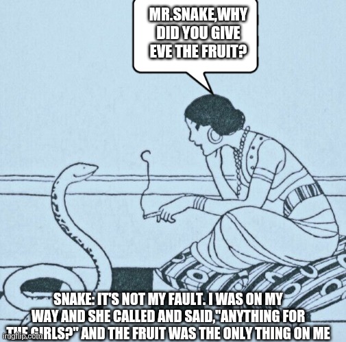 girl talking with snake | MR.SNAKE,WHY DID YOU GIVE EVE THE FRUIT? SNAKE: IT'S NOT MY FAULT. I WAS ON MY WAY AND SHE CALLED AND SAID,"ANYTHING FOR THE GIRLS?" AND THE FRUIT WAS THE ONLY THING ON ME | image tagged in girl talking with snake | made w/ Imgflip meme maker