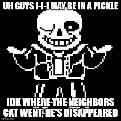 help (But nobody came. -Spinel) | UH GUYS I-I-I MAY BE IN A PICKLE; IDK WHERE THE NEIGHBORS CAT WENT, HE'S DISAPPEARED | image tagged in sans undertale | made w/ Imgflip meme maker