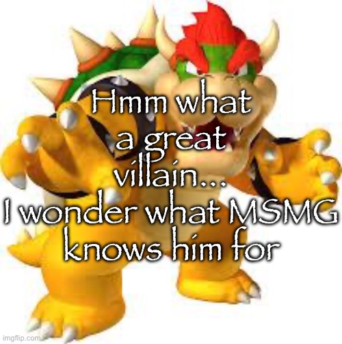 Bowser | Hmm what a great villain...
I wonder what MSMG knows him for | image tagged in bowser | made w/ Imgflip meme maker