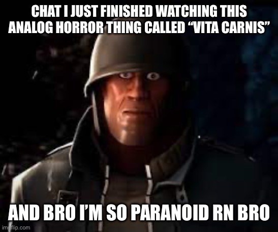 Emesis Blue Solider Staring | CHAT I JUST FINISHED WATCHING THIS ANALOG HORROR THING CALLED “VITA CARNIS”; AND BRO I’M SO PARANOID RN BRO | image tagged in emesis blue solider staring | made w/ Imgflip meme maker