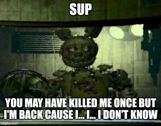 FNAF Springtrap in window | SUP YOU MAY HAVE KILLED ME ONCE BUT I'M BACK CAUSE I... I... I DON'T KNOW | image tagged in fnaf springtrap in window | made w/ Imgflip meme maker