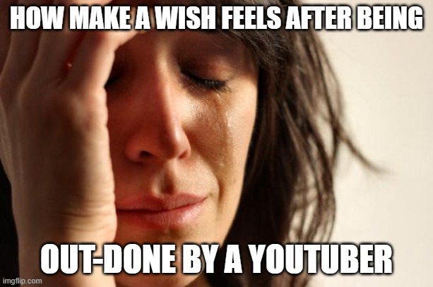 First World Problems Meme | HOW MAKE A WISH FEELS AFTER BEING; OUT-DONE BY A YOUTUBER | image tagged in memes,first world problems | made w/ Imgflip meme maker