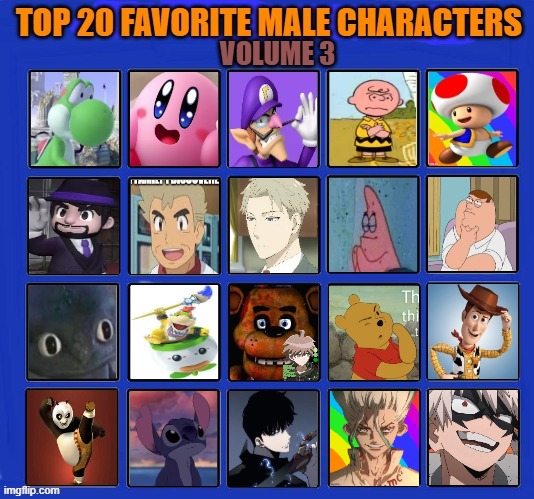 top 20 favorite male characters volume 3 | image tagged in top 20 favorite male characters volume 3,top 20,anime,video games,comics/cartoons,media | made w/ Imgflip meme maker