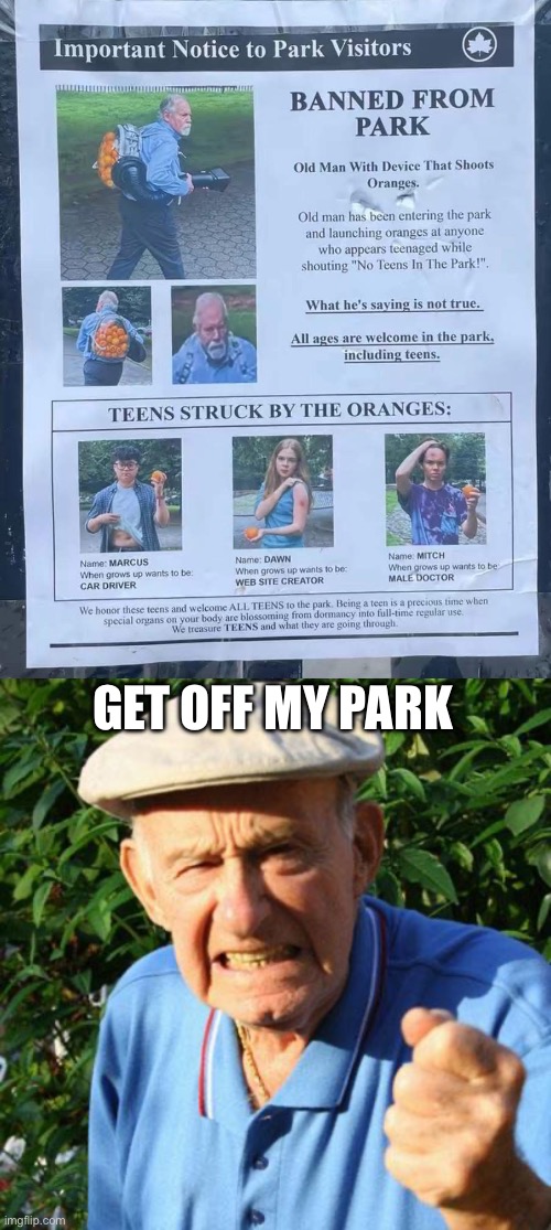Get off my lawn | GET OFF MY PARK | image tagged in angry old man,park,banned,orange,gun | made w/ Imgflip meme maker