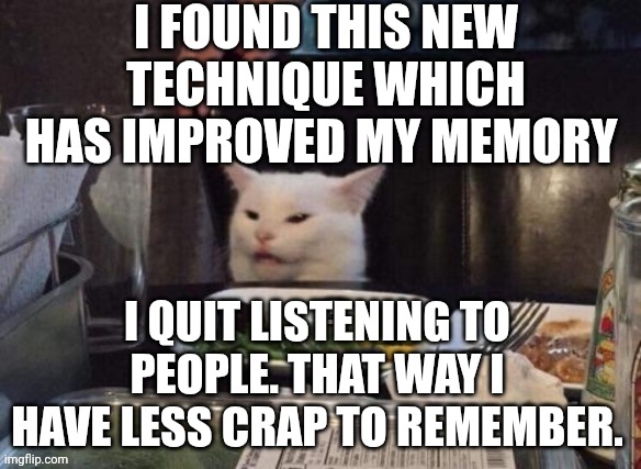 Smudge that darn cat | I FOUND THIS NEW TECHNIQUE WHICH HAS IMPROVED MY MEMORY; I QUIT LISTENING TO PEOPLE. THAT WAY I HAVE LESS CRAP TO REMEMBER. | image tagged in smudge that darn cat | made w/ Imgflip meme maker