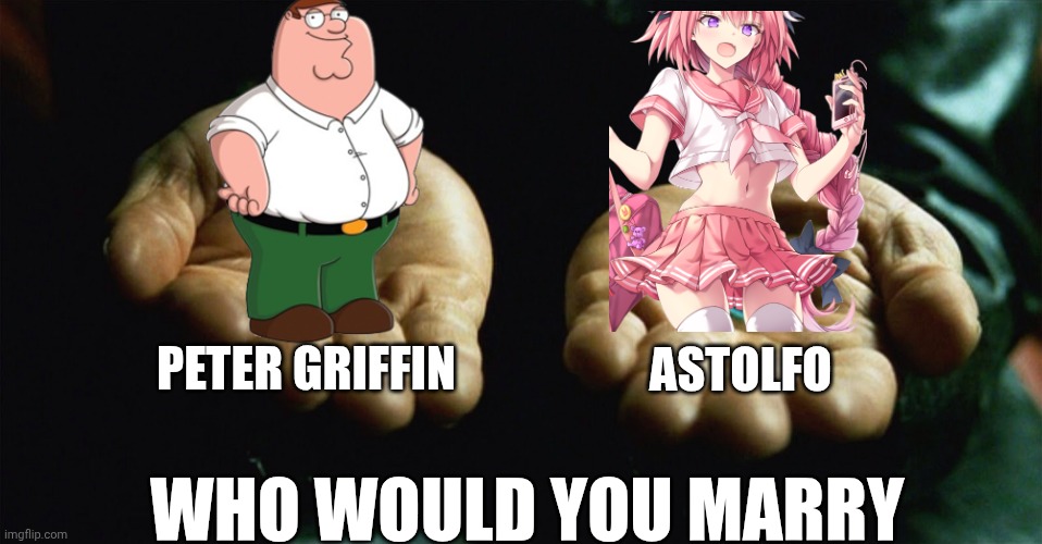 Who would you marry? | PETER GRIFFIN; ASTOLFO; WHO WOULD YOU MARRY | image tagged in red pill blue pill,would you rather,funny | made w/ Imgflip meme maker