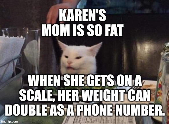Smudge that darn cat | KAREN'S MOM IS SO FAT; WHEN SHE GETS ON A SCALE, HER WEIGHT CAN DOUBLE AS A PHONE NUMBER. | image tagged in smudge that darn cat | made w/ Imgflip meme maker