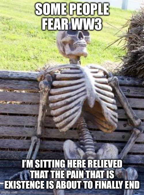WW3 | SOME PEOPLE FEAR WW3; I’M SITTING HERE RELIEVED THAT THE PAIN THAT IS EXISTENCE IS ABOUT TO FINALLY END | image tagged in memes,waiting skeleton | made w/ Imgflip meme maker