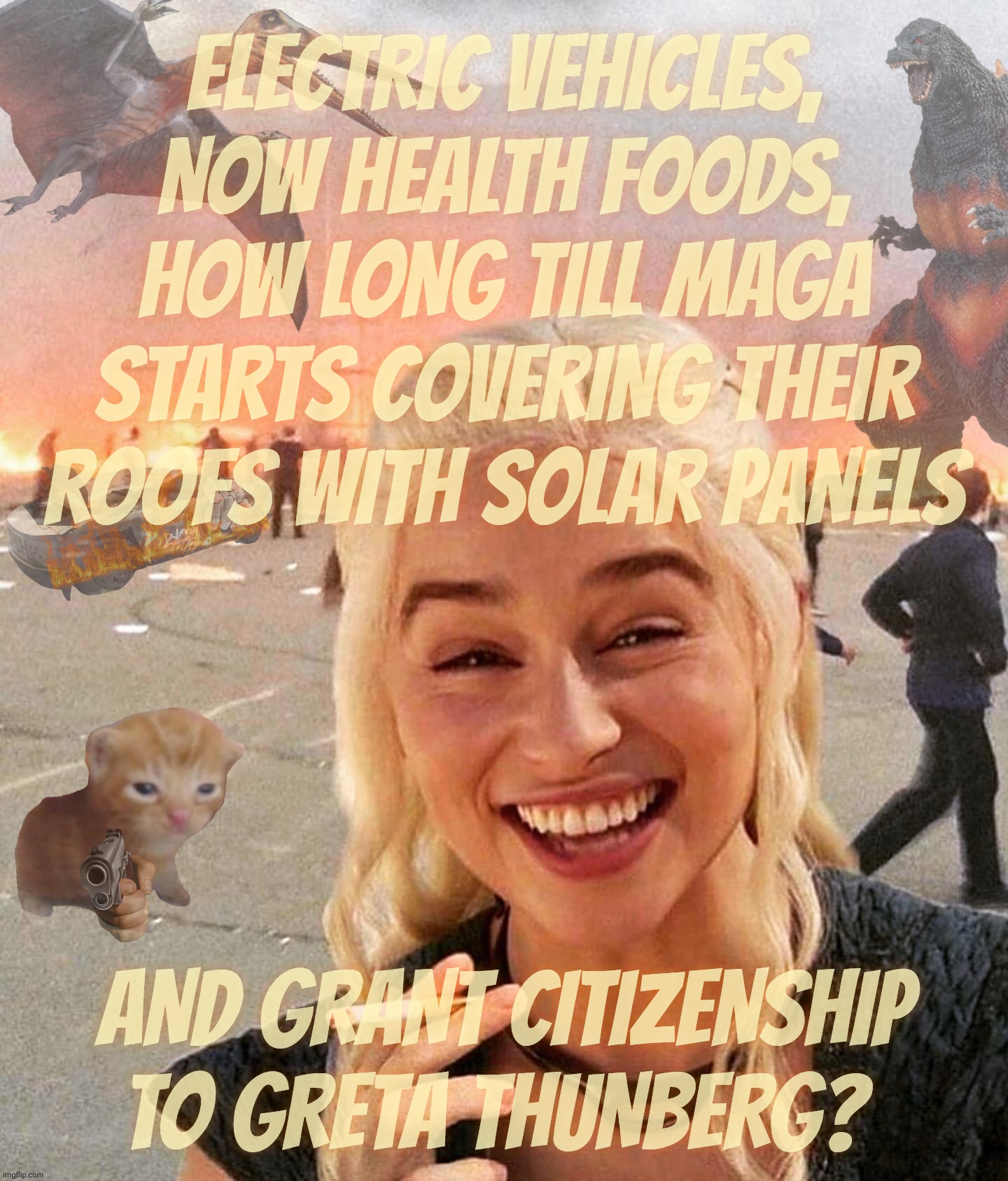 Today in MAGA Musical Chairs Politics,,, | ELECTRIC VEHICLES, NOW HEALTH FOODS,
HOW LONG TILL MAGA
STARTS COVERING THEIR
ROOFS WITH SOLAR PANELS AND GRANT CITIZENSHIP TO GRETA THUNBER | image tagged in disaster smoker gal kitchen sink edition,electric vehicles,health foods,conservative hypocrisy,musical chairs politics,maga | made w/ Imgflip meme maker