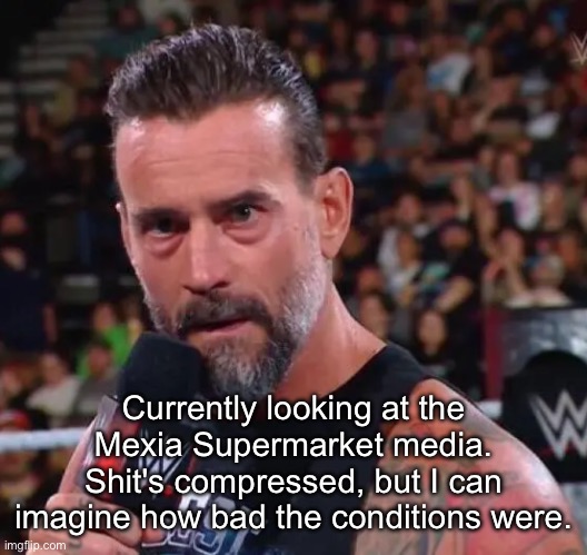 CM Punk | Currently looking at the Mexia Supermarket media. Shit's compressed, but I can imagine how bad the conditions were. | image tagged in cm punk | made w/ Imgflip meme maker