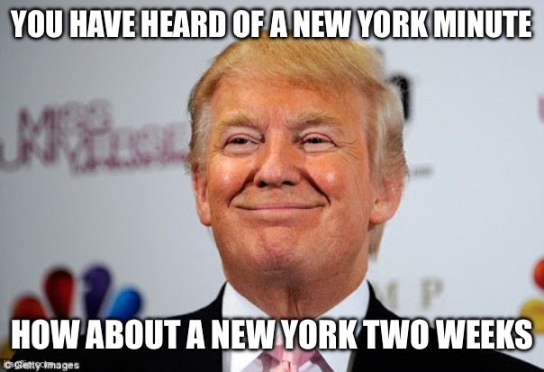 That was a New York two weeks! | YOU HAVE HEARD OF A NEW YORK MINUTE; HOW ABOUT A NEW YORK TWO WEEKS | image tagged in donald trump approves,two weeks | made w/ Imgflip meme maker