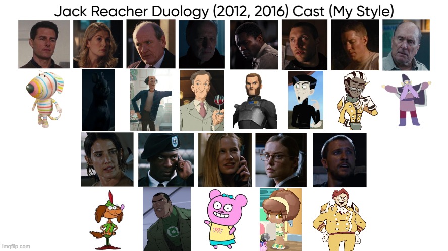 Jack Reacher Duology Cast (My Style) | image tagged in jack reacher duology cast my style,meme,memes,spoof cast,jack reacher,characters | made w/ Imgflip meme maker