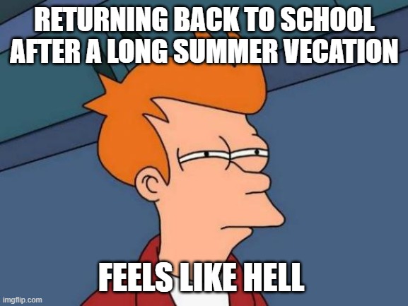 Futurama Fry | RETURNING BACK TO SCHOOL
AFTER A LONG SUMMER VECATION; FEELS LIKE HELL | image tagged in memes,futurama fry | made w/ Imgflip meme maker