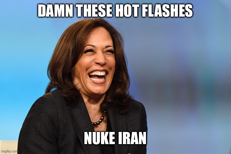 Kamala Harris laughing | DAMN THESE HOT FLASHES NUKE IRAN | image tagged in kamala harris laughing | made w/ Imgflip meme maker