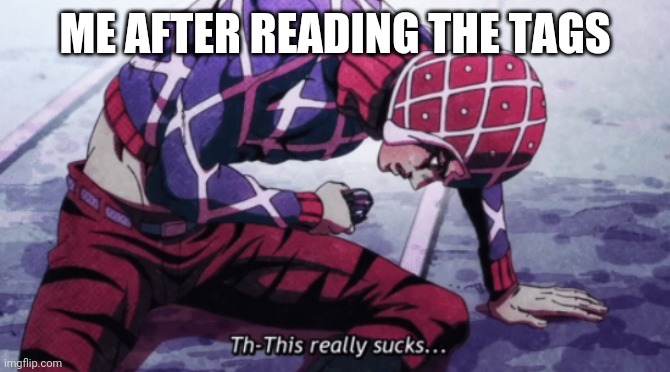 Guido Mista This really sucks | ME AFTER READING THE TAGS | image tagged in guido mista this really sucks | made w/ Imgflip meme maker