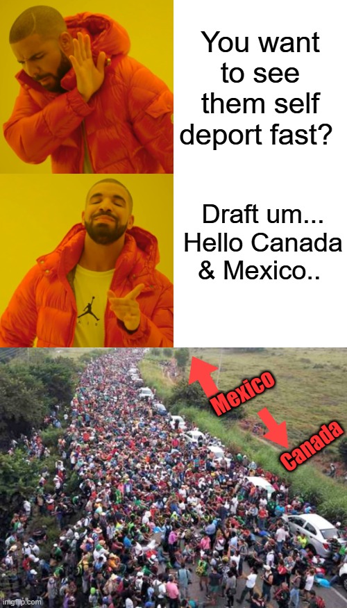 Immigraion law Law requires they all register for draft. | You want to see them self deport fast? Draft um... Hello Canada & Mexico.. Mexico; Canada | image tagged in memes,drake hotline bling | made w/ Imgflip meme maker