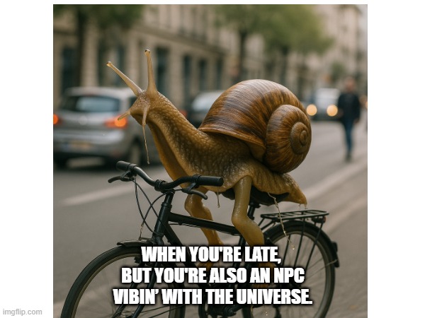 When you're late | WHEN YOU'RE LATE, 
BUT YOU'RE ALSO AN NPC
VIBIN’ WITH THE UNIVERSE. | image tagged in funny | made w/ Imgflip meme maker