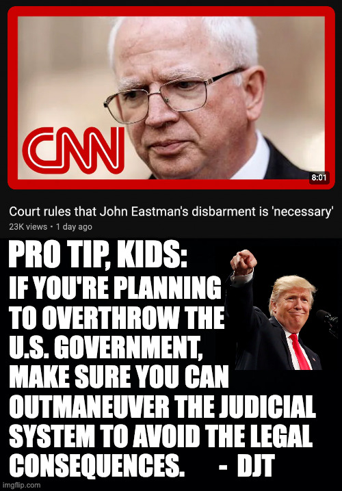 Didn't have time to work out the minutiae of his own plan. | PRO TIP, KIDS:; IF YOU'RE PLANNING
TO OVERTHROW THE
U.S. GOVERNMENT,
MAKE SURE YOU CAN
OUTMANEUVER THE JUDICIAL
SYSTEM TO AVOID THE LEGAL
CONSEQUENCES.       -  DJT | image tagged in memes,how things work,trump insurrection,john eastman,minutiae | made w/ Imgflip meme maker