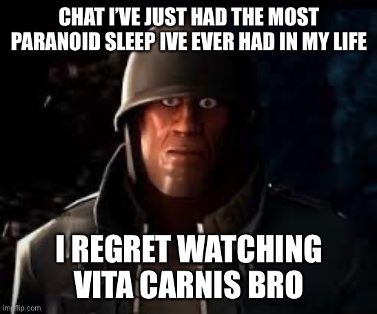 Emesis Blue Solider Staring | CHAT I’VE JUST HAD THE MOST PARANOID SLEEP IVE EVER HAD IN MY LIFE; I REGRET WATCHING VITA CARNIS BRO | image tagged in emesis blue solider staring | made w/ Imgflip meme maker