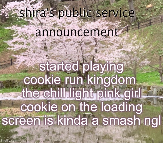 shira’s PSA | started playing cookie run kingdom 
the chill light pink girl cookie on the loading screen is kinda a smash ngl | image tagged in shira s psa | made w/ Imgflip meme maker
