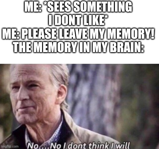 i hate them | ME: *SEES SOMETHING I DONT LIKE*
ME: PLEASE LEAVE MY MEMORY!
THE MEMORY IN MY BRAIN: | image tagged in no i don't think i will,memes,funny,demotivationals,bad memories,oh wow are you actually reading these tags | made w/ Imgflip meme maker