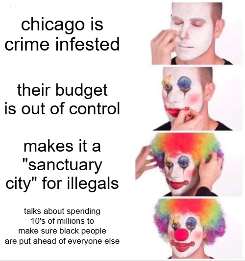 Brandon Johnson is committing a crime. | chicago is crime infested; their budget is out of control; makes it a "sanctuary city" for illegals; talks about spending 10's of millions to make sure black people are put ahead of everyone else | image tagged in memes,clown applying makeup,brandon johnson,chicago,illegal | made w/ Imgflip meme maker