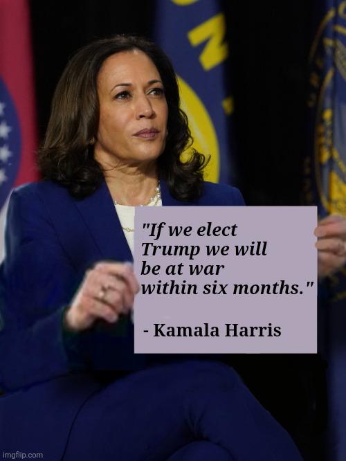 Kamala Harris Holding Sign | "If we elect Trump we will be at war within six months."; - Kamala Harris | image tagged in kamala harris holding sign | made w/ Imgflip meme maker