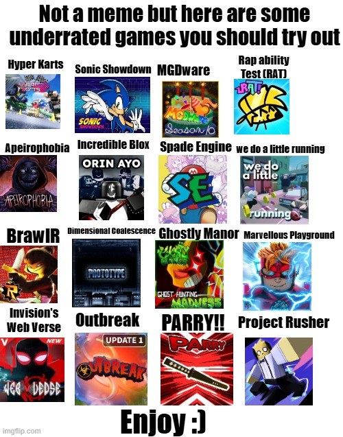 All these games are epic | Not a meme but here are some underrated games you should try out; Rap ability Test (RAT); Hyper Karts; MGDware; Sonic Showdown; we do a little running; Incredible Blox; Spade Engine; Apeirophobia; Dimensional Coalescence; Marvellous Playground; BrawlR; Ghostly Manor; Invision's Web Verse; Project Rusher; Outbreak; PARRY!! Enjoy :) | image tagged in roblox | made w/ Imgflip meme maker