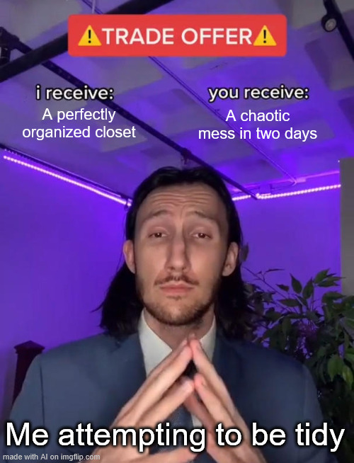 Trade Offer | A perfectly organized closet; A chaotic mess in two days; Me attempting to be tidy | image tagged in trade offer | made w/ Imgflip meme maker