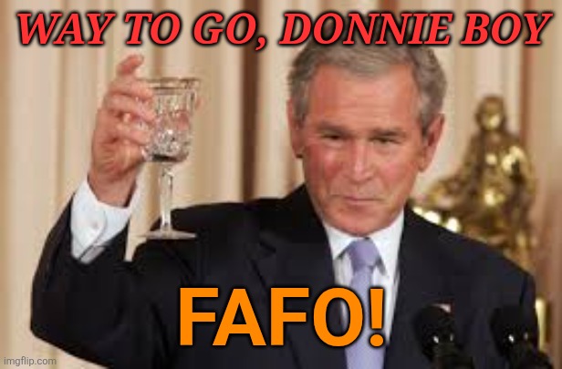 GW Bush Toast | WAY TO GO, DONNIE BOY FAFO! | image tagged in gw bush toast | made w/ Imgflip meme maker