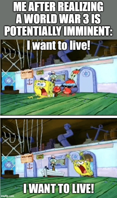 I DON'T WANT TO DIE | ME AFTER REALIZING A WORLD WAR 3 IS POTENTIALLY IMMINENT: | image tagged in i want to live | made w/ Imgflip meme maker
