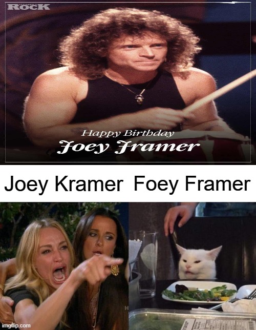 Woman Yelling At Cat Meme | Joey Kramer; Foey Framer | image tagged in memes,woman yelling at cat,fail,you had one job,aerosmith | made w/ Imgflip meme maker