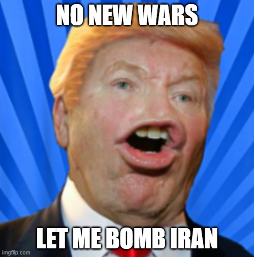 Scam | NO NEW WARS; LET ME BOMB IRAN | image tagged in pathetic don | made w/ Imgflip meme maker
